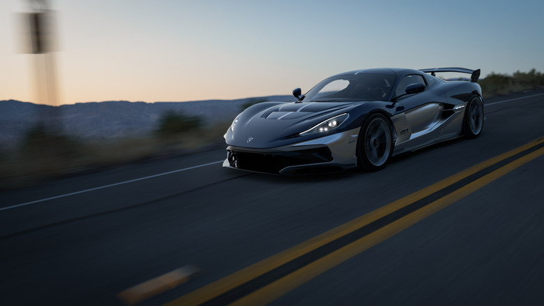 Rimac Nevera R Founder's Edition driving on a road.