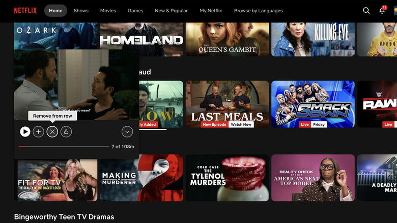 A Netflix home screen with the 'Continue Watching' tab and one title selected with 'Remove from row' highlighted.