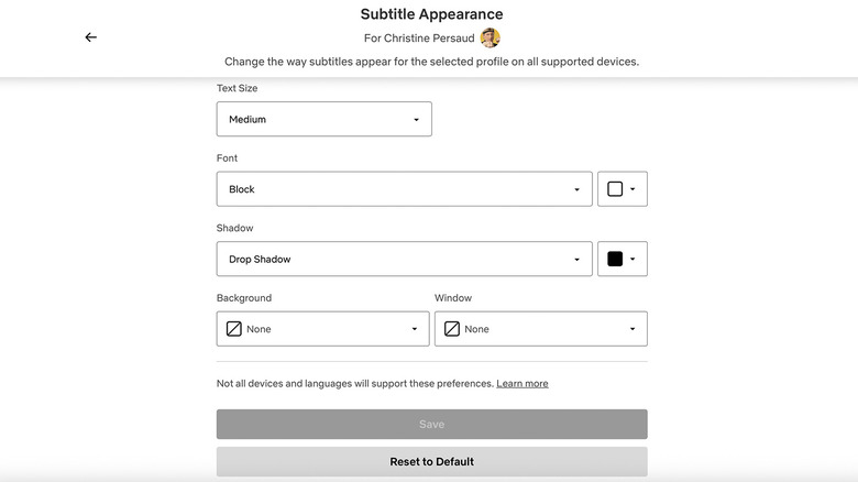Netflix account settings showing subtitle appearance options.