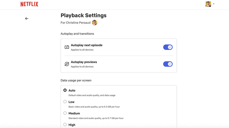 A Netflix account settings menu for 'Playback Settings.'