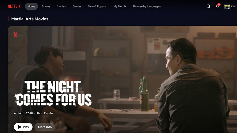 A screenshot of Netflix showing the sub-genre martial arts movies.