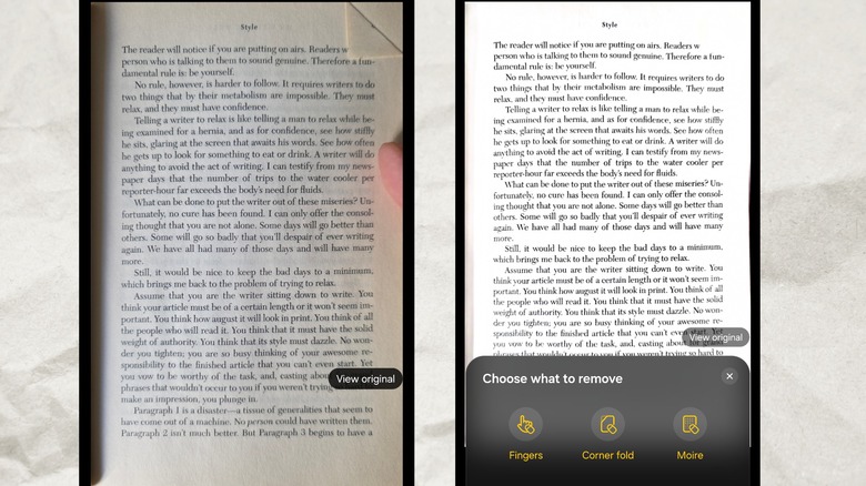 Before and after of a book page scanned using the new scanning tool in One UI 9 on Samsung Galaxy phones.