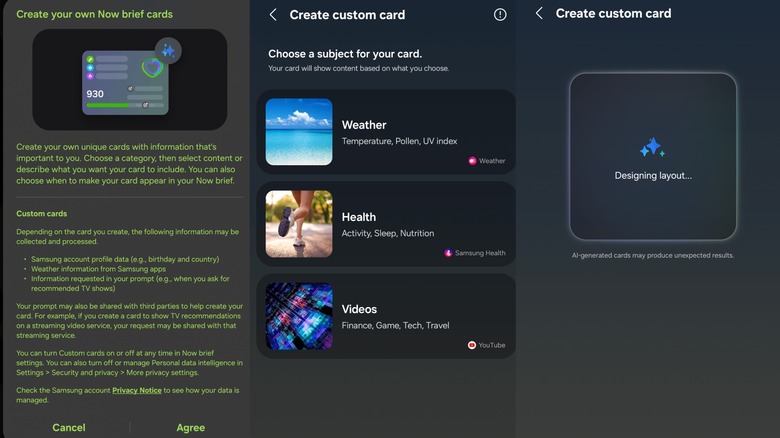 Screenshots taken while creating generative Now Brief card in Samsung One UI 9.
