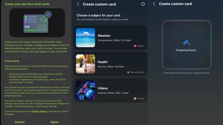 Screenshots taken while creating generative Now Brief card in Samsung One UI 9.