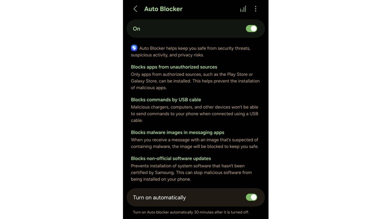 Auto Blocker settings on Samsung Galaxy S25 Ultra.