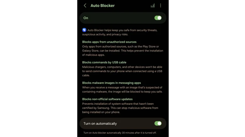 Auto Blocker settings on Samsung Galaxy S25 Ultra.