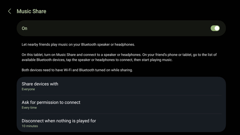 Music share settings on Samsung Galaxy Tab S10 Ultra.