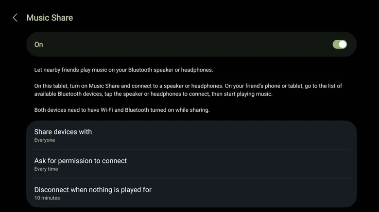Music share settings on Samsung Galaxy Tab S10 Ultra.