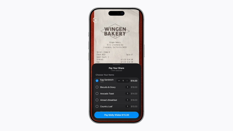 An iPhone splitting a bill in Apple Wallet with Apple Intelligence.