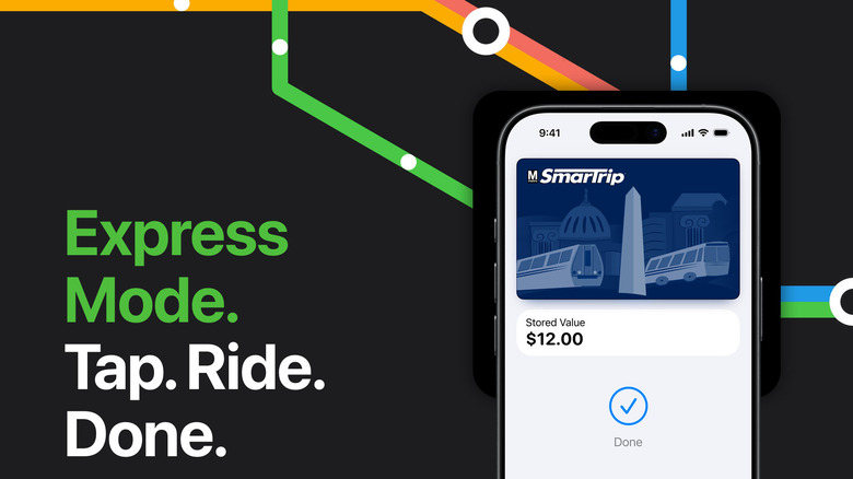 Apple Wallet on an iPhone with a public transit card on it and transit graphic in the background.