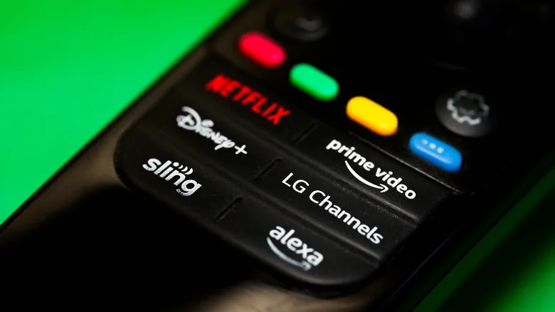 An LG TV remote showing buttons for various streaming services