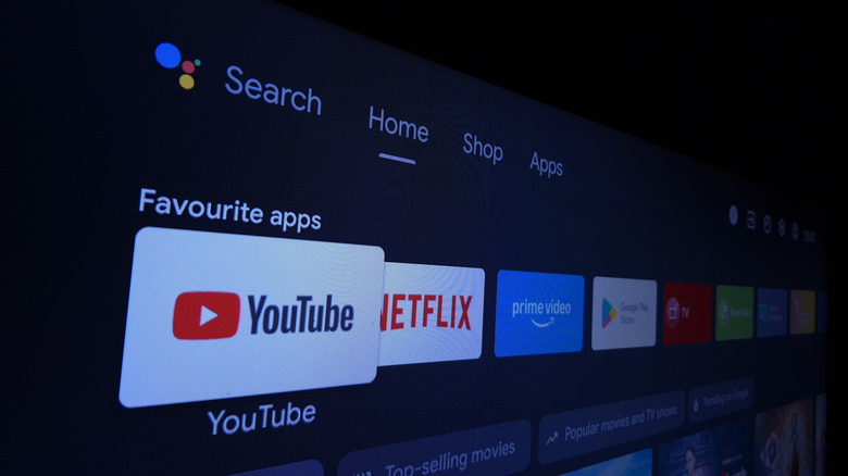 The YouTube App icon highlighted on a Google TV