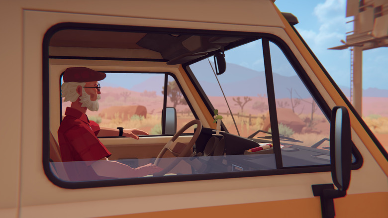 Video game screenshot of an older man driving a camper van in the desert.