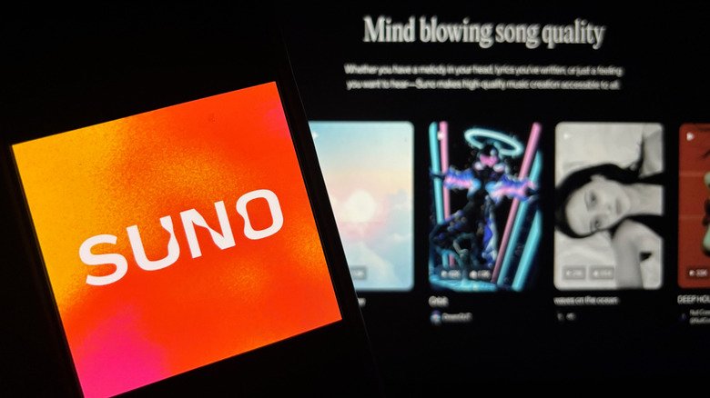 Suno logo with a screen in the background that includes text reading 