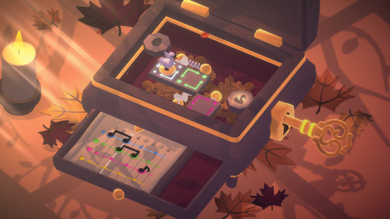 A small figurine moves across a grid in a music box. A music chart with notes is below.