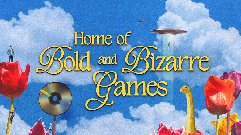 Text reading "Home of bold and bizarre games" is super imposed over a cloudy sky. The image also includes a UFO beaming a person up, someone climbing a large flower, a compact disc and a dinosaur.