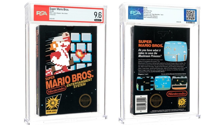 The sealed copy of Super Mario Bros. pictured in a clear case from front and back