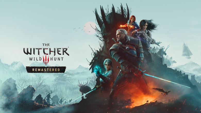 Promotional image announcing the remaster of The Witcher 3, with the game logo on the left and a composite of characters on the right.