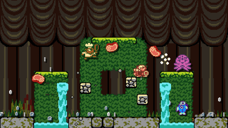A chef character hurls steaks at enemies in a pixelated platforming game