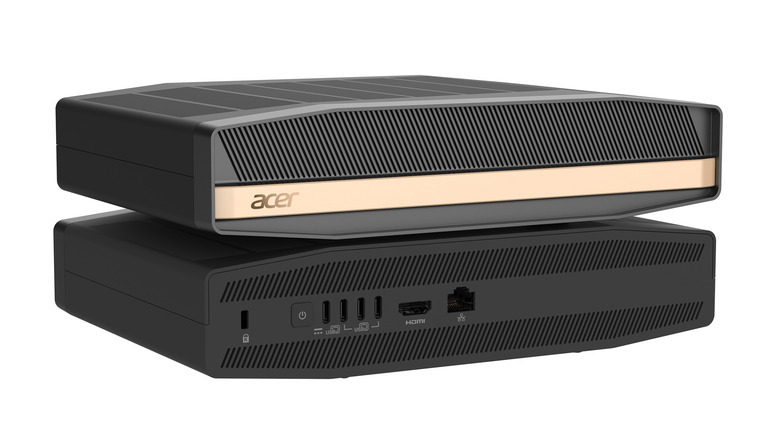 Photo of a pair of Acer SFF RTX Spark desktops. Two lozenge-shaped black computers, the top one showing the front with a tan band showing the Acer logo and the bottom one showing the ports at the back.