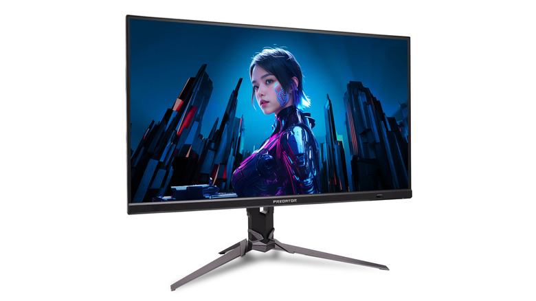 An Acer Predator gaming monitor with a robot woman on its display.