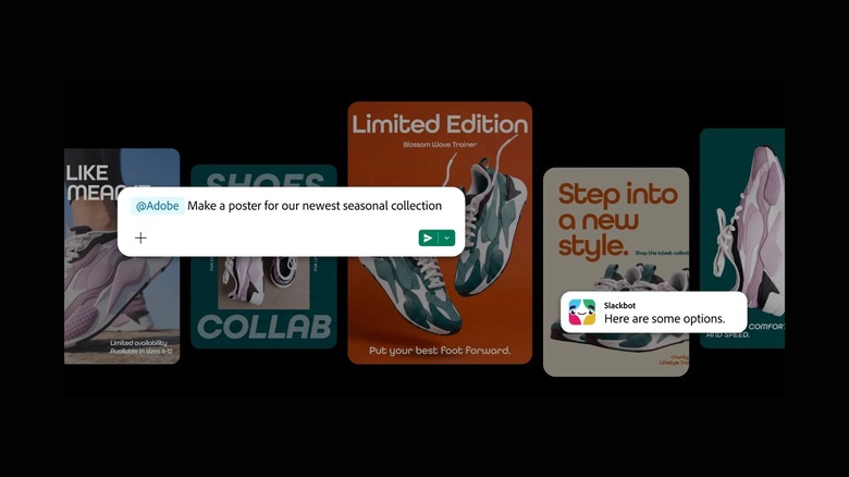 Illustration of posters for an athletic shoe marketing campaign overlaid by screenshots of messages between a Slack user and Slackbot.