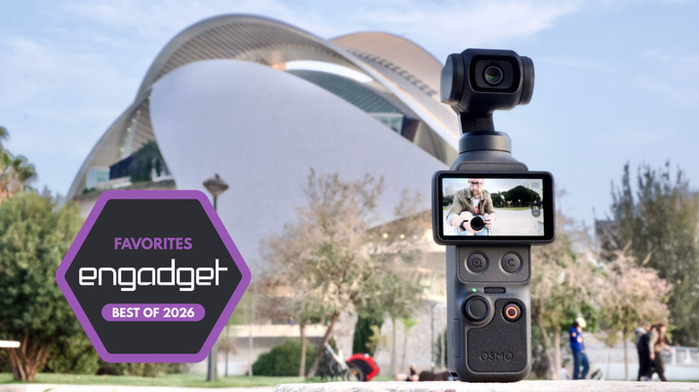 DJI's Pocket 4 gimbal camera is shown against the Sculpture of Neptune in Valencia with an Engadget badge labeled Best of 2026.