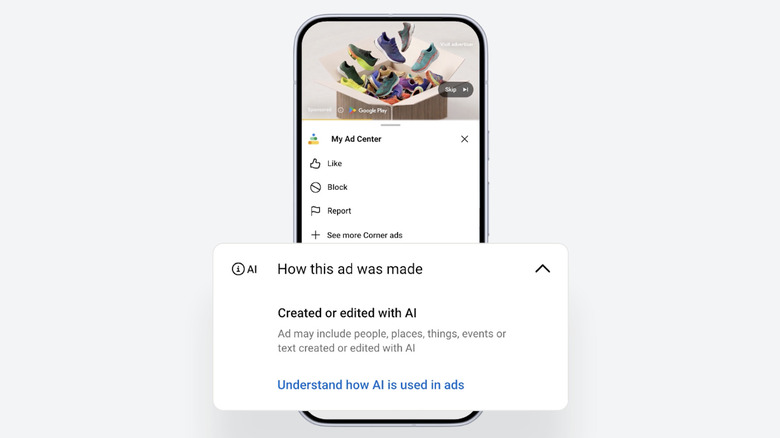 Illustration of a smartphone with Google's My Ad Center panel pulled up to show a closeup of an AI disclosure.