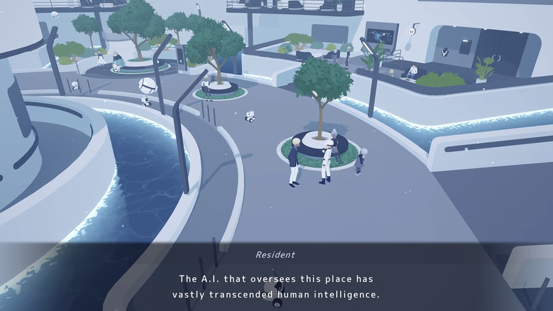 A sanitized futuristic urban environment with trees, a pond, robots and people chatting. A resident says "The A.I. that oversees this place has vastly transcended human intelligence."