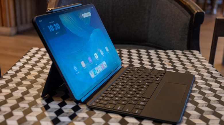 The Alexa Tablet 12 Pro and its keyboard attachment on a table.