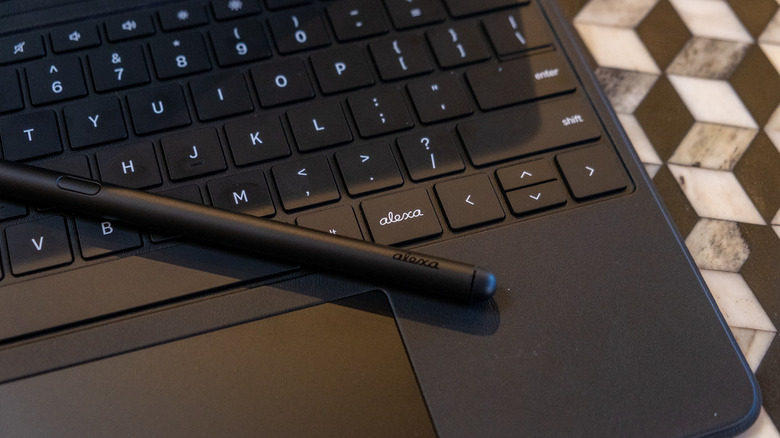 A close-up of the Alexa Tablet 12 Pro's keyboard and stylus.