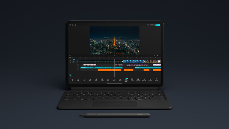The Alexa Tablet 12 Pro attached to a keyboard case and stylus.