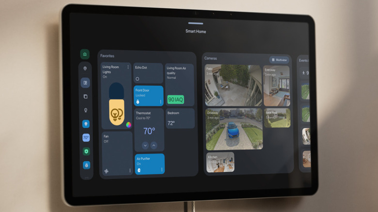 Wall-hung smart display showing controls for smart home devices.