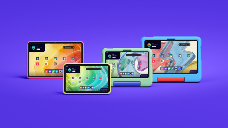 The four different versions of Amazon's Kids Tablets in hard cases and bumper cases.