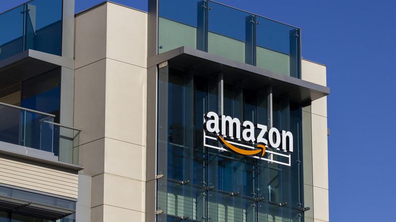 The Amazon logo on a building.