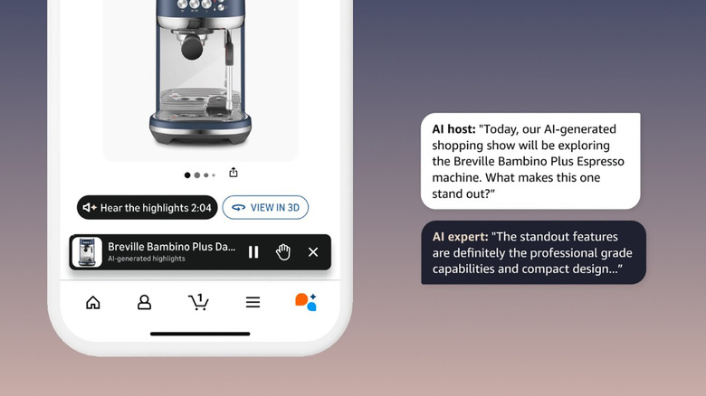 Screenshot of the Amazon shopping app's "Hear the Highlights" Q&A feature. Transcript bubbles reveal an AI conversation about an espresso maker.