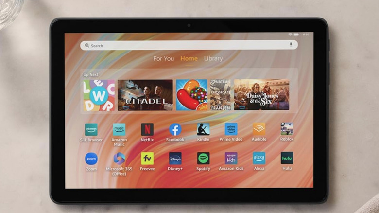 An Amazon Fire HD 10 tablet showing a collection of apps.