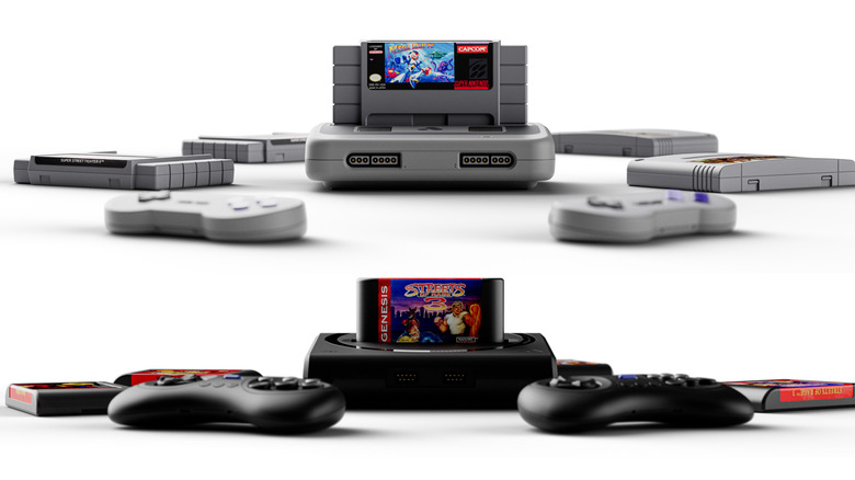 Vertical split showing Analogue's Super Nt+ and Mega Sg+ systems surrounded by game cartridges