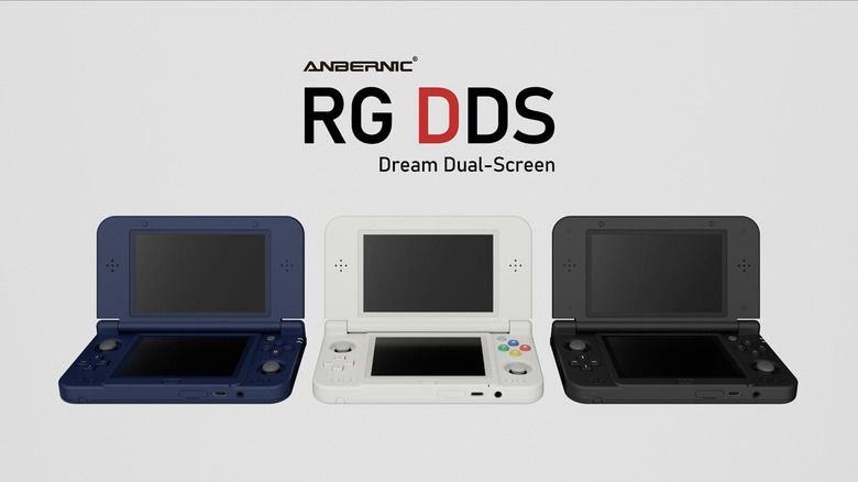 Anbernic's upcoming RG DDS handheld in three colors.