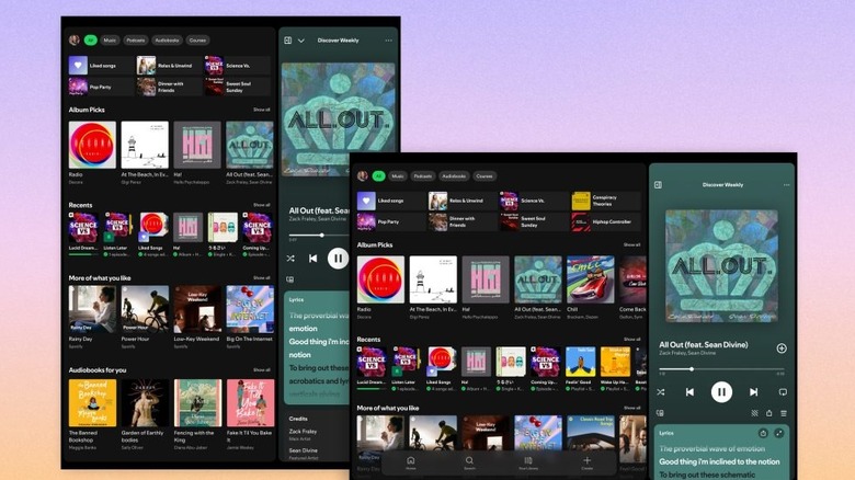 Two overlapping tablet screens display Spotify's music library, album artwork and playback controls.
