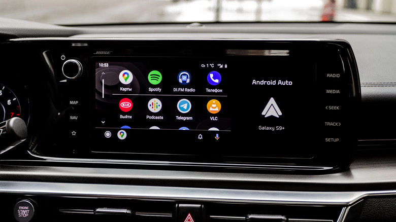 A list of Android apps on a car infotainment screen via an active Android Auto connection.