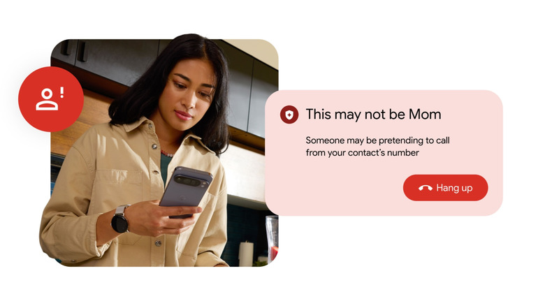 An illustration of a person receiving a fake call detection notification on Android.