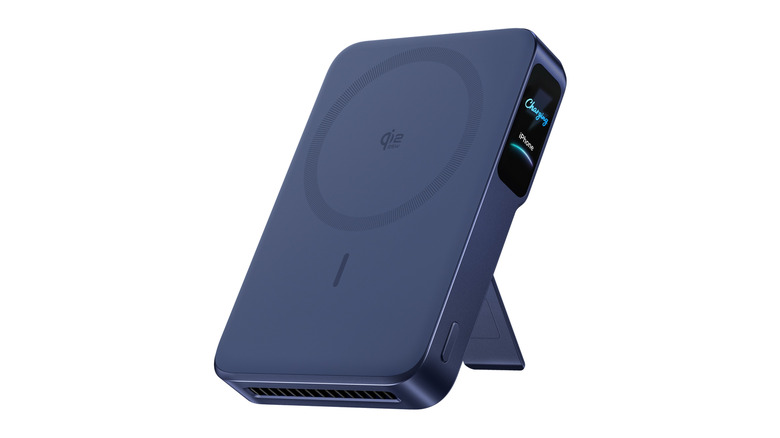 A Anker MagGo Power Bank Pro 2 with its kickstand out.