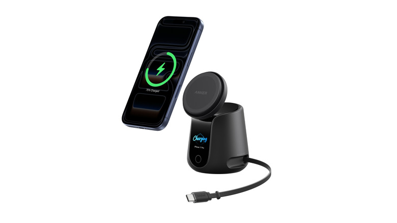 A phone floating over an Anker MagStand Charging Station with a retractable USB-C cable.