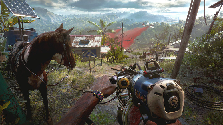 Gameplay screenshot of player holding a weapon in Far Cry 6.