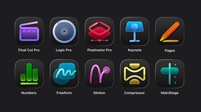 A grid of the different applications included in Apple Creator Studio, like Final Cut Pro and Pixelmator Pro.