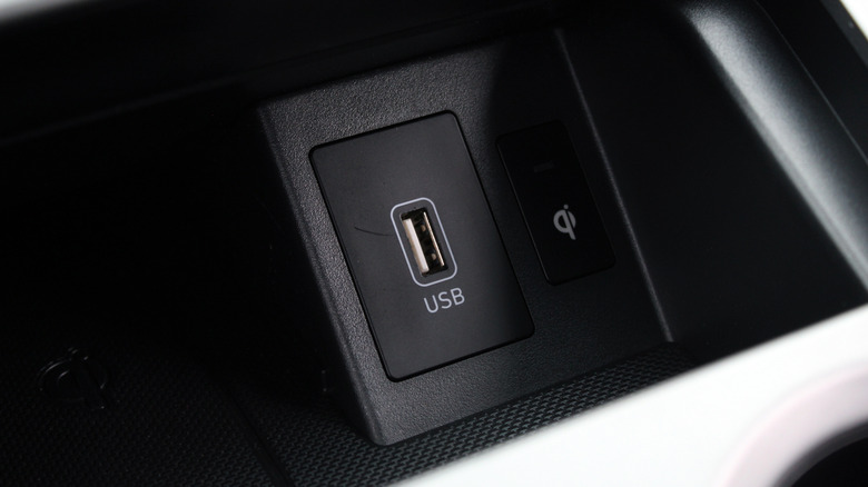 A USB-A port inside a car
