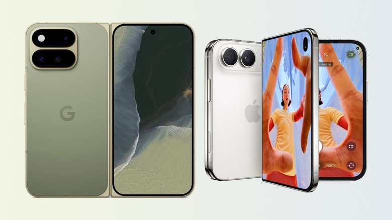 A green Pixel 11 Pro Fold next to a silver iPhone Duo.