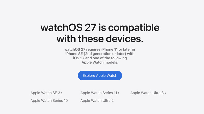 Screenshot of the supported devices list for watchOS 27
