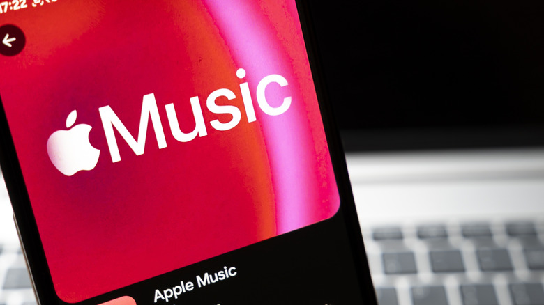 Close-up photo of the Apple Music logo on the app's opening screen.